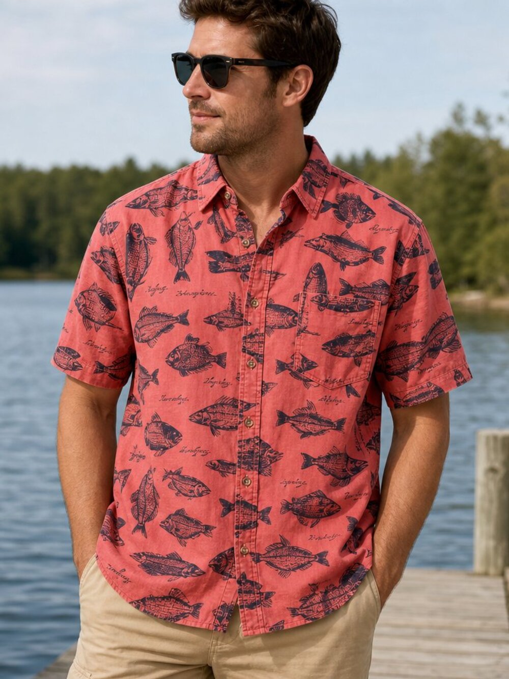 Field & Stream Men’s Coral Fish‑Print Linen Button‑Up – Size XL (Good Condition,